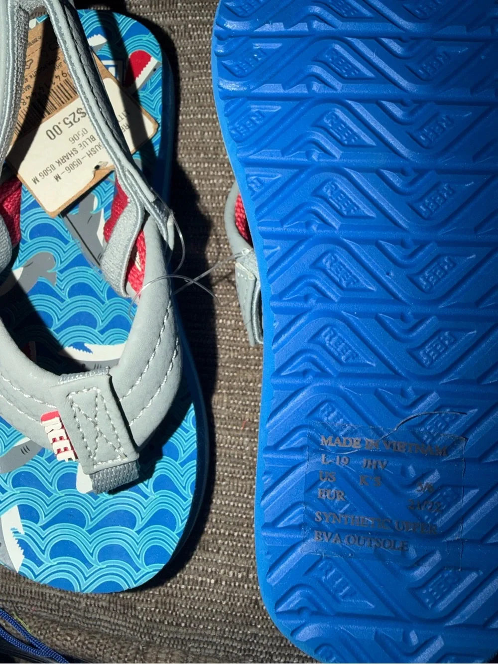 Reef Kids Shark Wave Flip Flops - Blue, Gray & Red size 5/6 toddler-NwT
